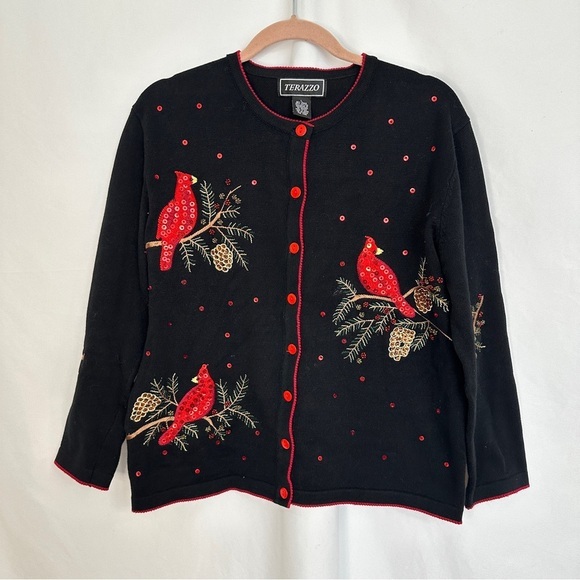 Terrazo Cardigan Sweater Size Large Holiday Cardinal Embroidered Beaded Bird - Picture 1 of 13